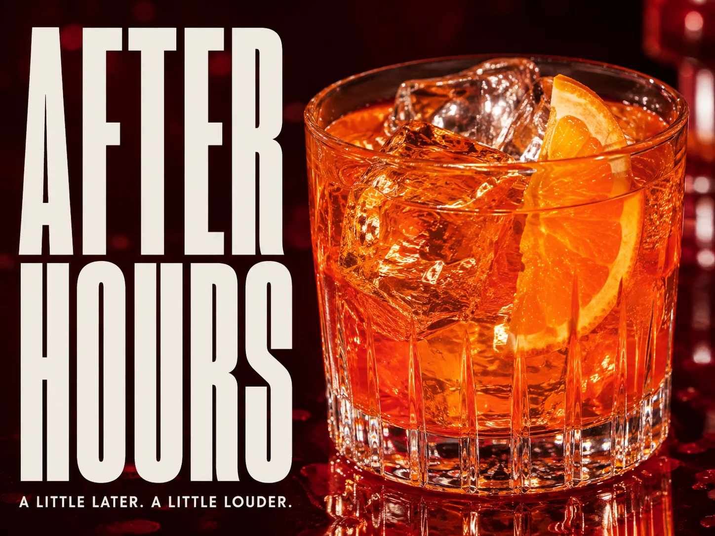 After Hours concept campaign: an orange aperitivo and bold editorial typography against deep burgundy.