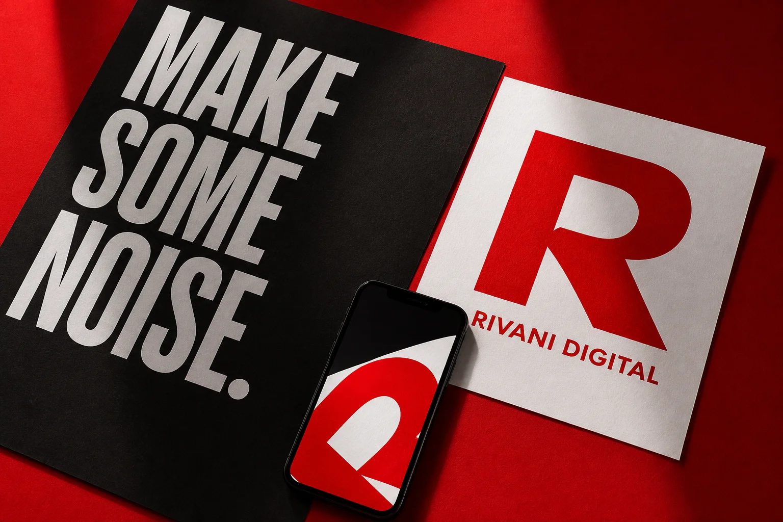 Rivani Digital studio concept: bold red and black poster, printed design and a matching social post.
